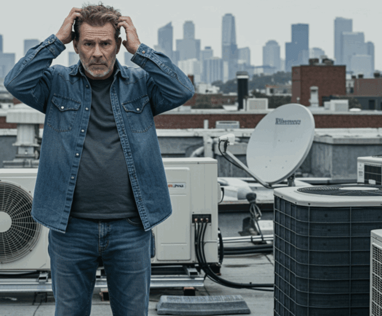 Man holding his head on a rooftop with a city skyline behind him.